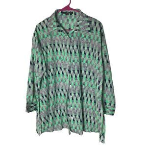 LIOR Paris Women's Tunic S/M Green Geometric Long Sleeve Button UP Side Slit